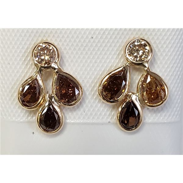 Certified 14K  6 Diamonds(0.88Ct,Si1-Si2,Yellowish Green)+0.12Ct Earrings