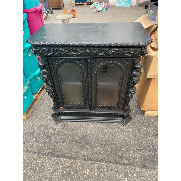 Ornate cabinet missing one side glass and piece needs repair bottom corner