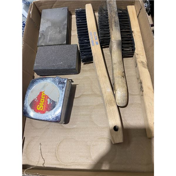 Wire brushes, sanding blocks and tape measure