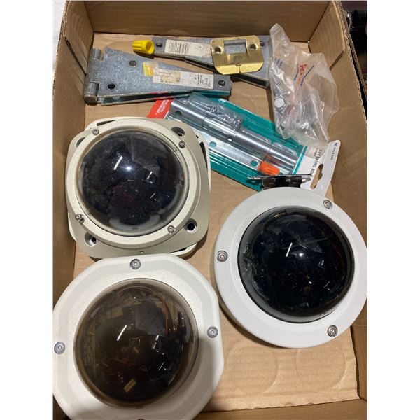 Hinges, barrel bolt and security cameras