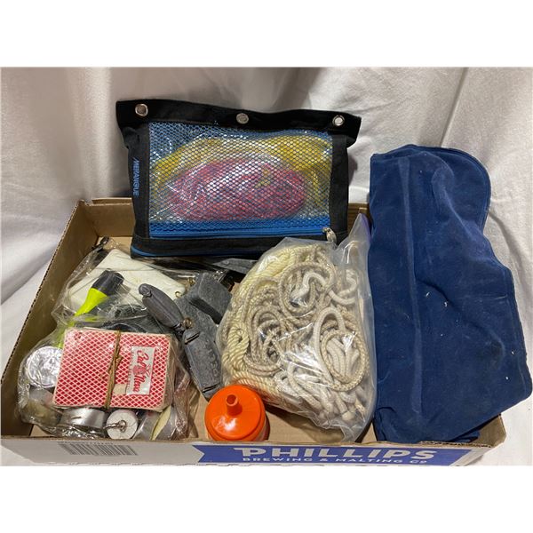 Camping related, blow up pillow, rope, fishing weights