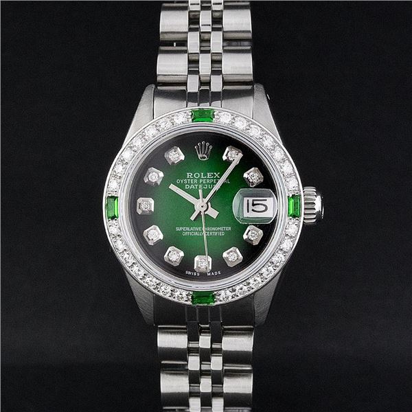 Rolex Ladies Stainless Steel 26MM Green Vignette Diamond Oyster Perpetual Dateju