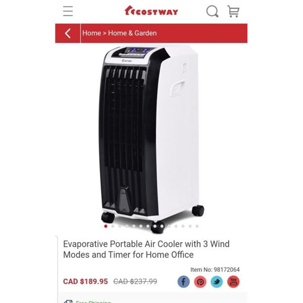 COSTWAY EVAPORATIVE AIR COOLER - RETAIL $189.95