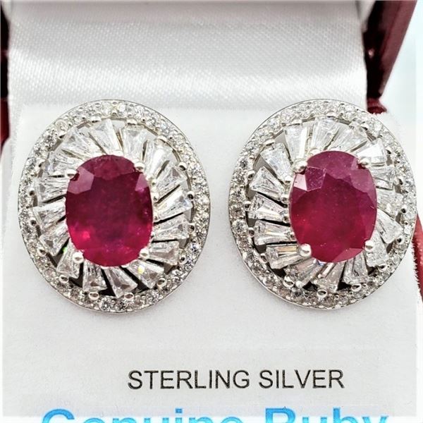 STERLING SILVER 8.9MM X 6.8MM NATURAL RUBY (4.5CTS) & CZ EARRINGS, W/A $1215.00