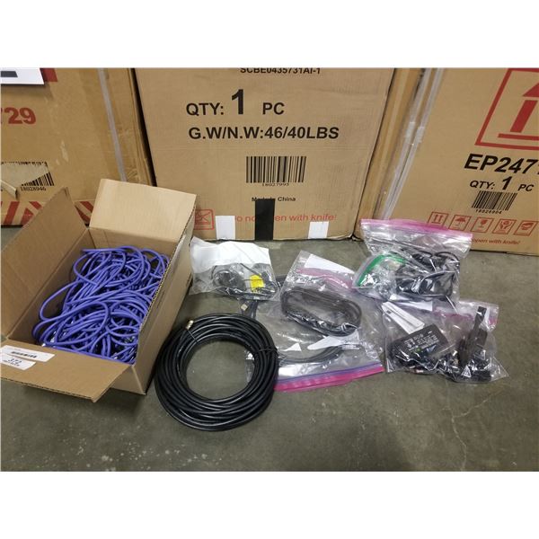 BOX OF ASSORTED CABLES AND CHARGERS - ULTRABOOK, RETRACT, CAT-6, ETC