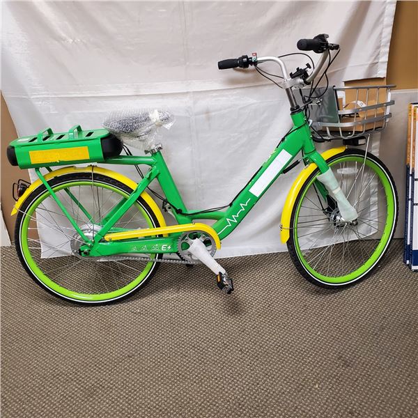 AS NEW ELECTRIC CRUISER BIKE W/ BASKET AND CHARGER 30KM CAPABILITY, 36V - RETAIL $2199