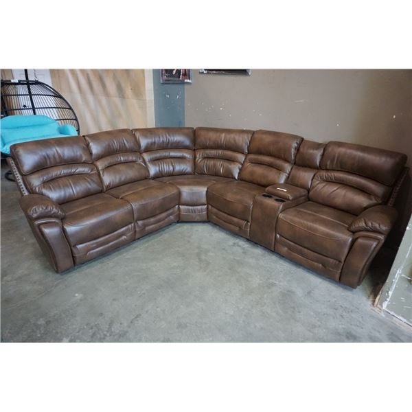 BRAND NEW BROWN STITCHED AIR LEATHER 3PC CORNER RECLINING SECTIONAL W/ CONSOLE, CUP HOLDERS AND BRAS