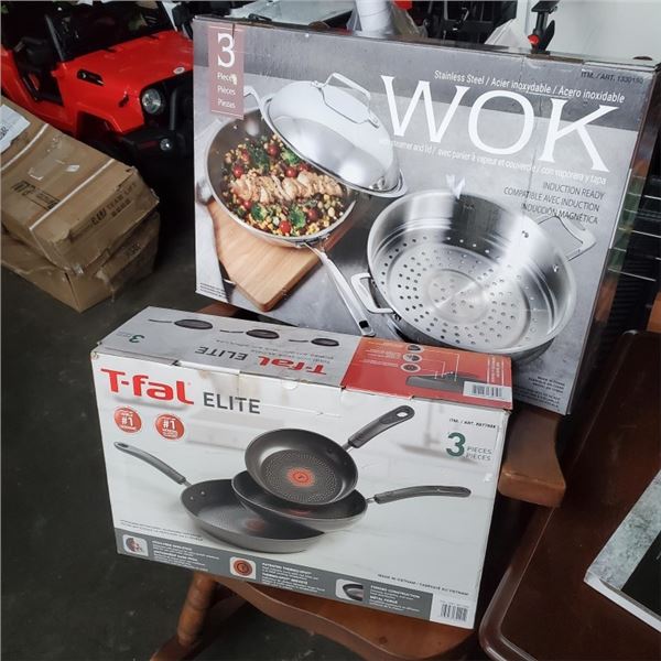 TFAL ELITE PAN SET AND WOK 3 PIECE STAINLESS INDUCTION READY STEAMER WITH LID