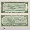 Image 2 : LOT OF 2 - APPEAR UNC 1954 CANADIAN $1 BILLS - IN SEQUENCE