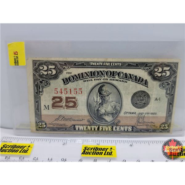 Dominion of Canada 1923 Twenty Five Cent "Shinplaster" (See Pics for Serial Numbers & Signatures)