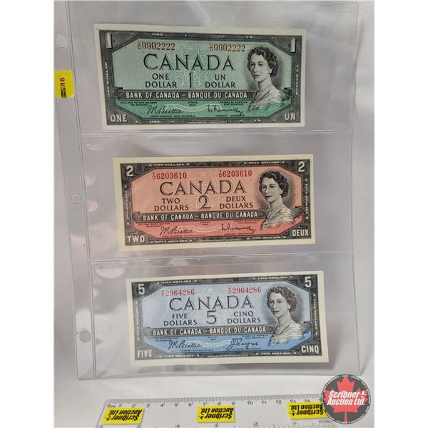 Canada Bills 1954 (3): $1 Bill; $2 Bill; $5 Bill (See Pics for Serial Numbers & Signatures)