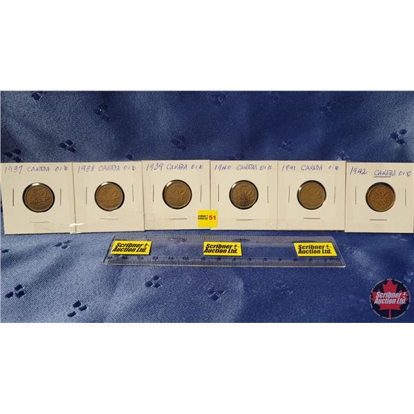 Canada One Cent - Strip of 6: 1937; 1938; 1939; 1940; 1941; 1942