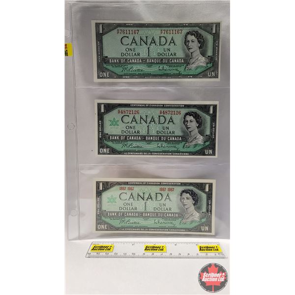 Canada $1 Bills (3) : 1954 ; 1967 ; 1867-1967 (See Pics for Serial Numbers & Signatures)