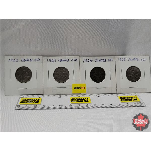 Canada Five Cent - Strip of 4: 1922; 1923; 1924; 1927