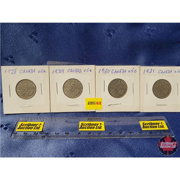 Canada Five Cent - Strip of 4: 1928; 1929; 1930; 1931