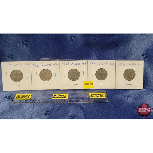 Canada Five Cent - Strip of 5: 1932; 1933; 1934; 1935; 1936
