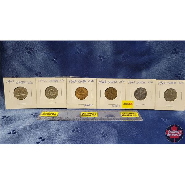 Canada Five Cent - Strip of 6: 1941; 1942; 1942 Tom; 1943 Tom; 1944; 1945