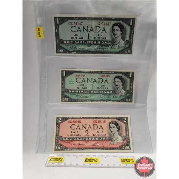 Canada Bills (3): 1954DF $1; 1867-1967 $1; 1954 $2 (See Pics for Serial Numbers & Signatures)