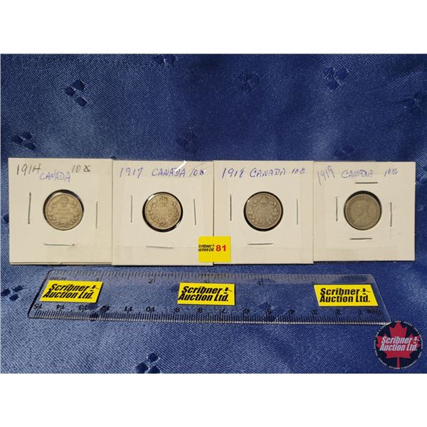 Canada Ten Cent - Strip of 4: 1914; 1917; 1918; 1919