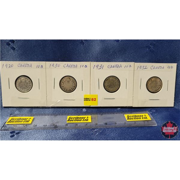 Canada Ten Cent - Strip of 4: 1920; 1930; 1931; 1932
