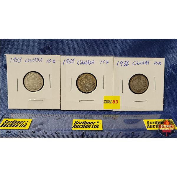Canada Ten Cent - Strip of 3: 1933; 1935; 1936