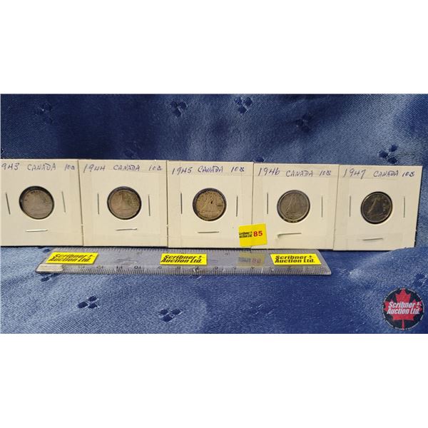 Canada Ten Cent - Strip of 5: 1943; 1944; 1945; 1946; 1947