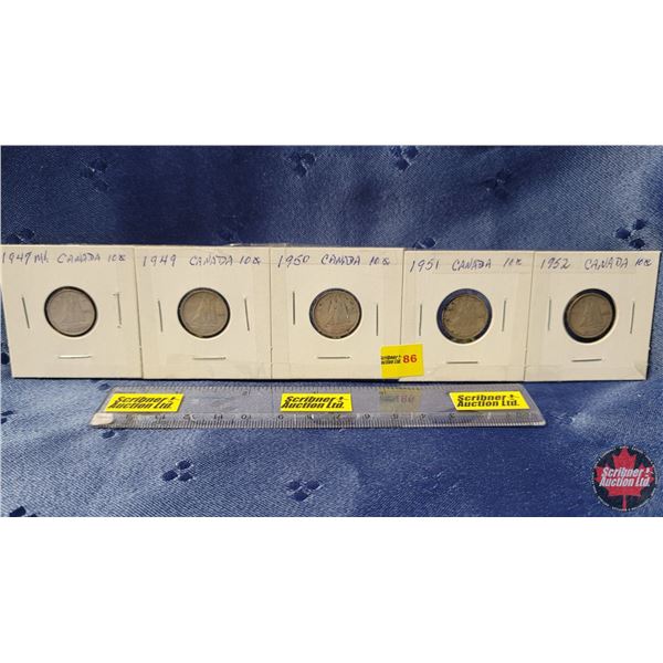 Canada Ten Cent - Strip of 5: 1947ML; 1949; 1950; 1951; 1952