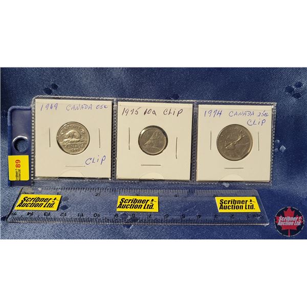 Canada Coins (Clipped) (3): 1969 Five Cent; 1975 Ten Cent; 1974 Twenty Five Cent