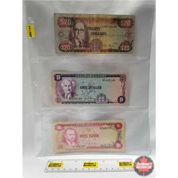 Jamaica Bills (3) $20; $1; 50¢ (See Pics for Serial Numbers, Signatures & Dates)