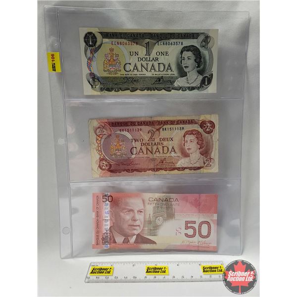 Canada Bills (3): 1973 $1; 1974 $2; 2004 $50 (See Pics for Serial Numbers & Signatures)