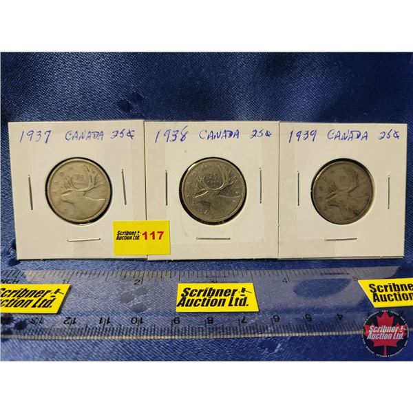 Canada Twenty Five Cent - Strip of 3: 1937; 1938; 1939