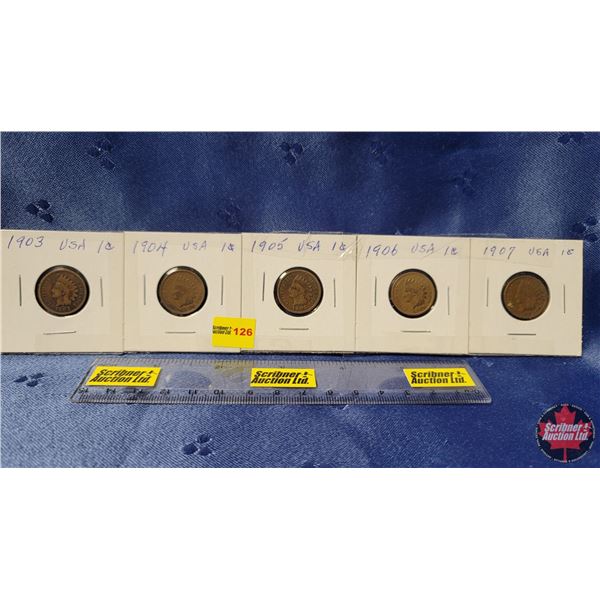 USA Penny - Strip of 5: 1903; 1904; 1905; 1906; 1907