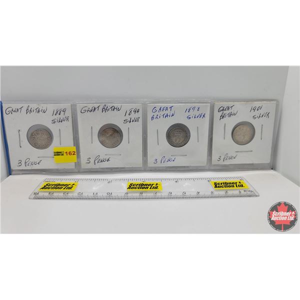 Great Britain 3 Pence - Strip of 4: 1889; 1894; 1898; 1901