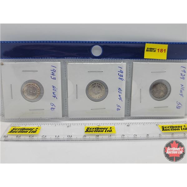 Newfoundland Five Cent - Strip of 3: 1929; 1938; 1943