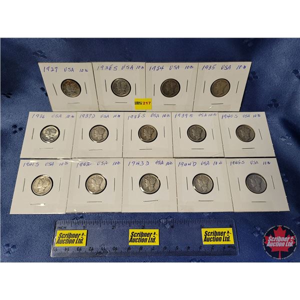 USA Dimes (14): 1927; 1928S; 1934; 1935; 1936; 1937D; 1938S; 1939S; 1940S; 1941S; 1942; 1943D; 1944D