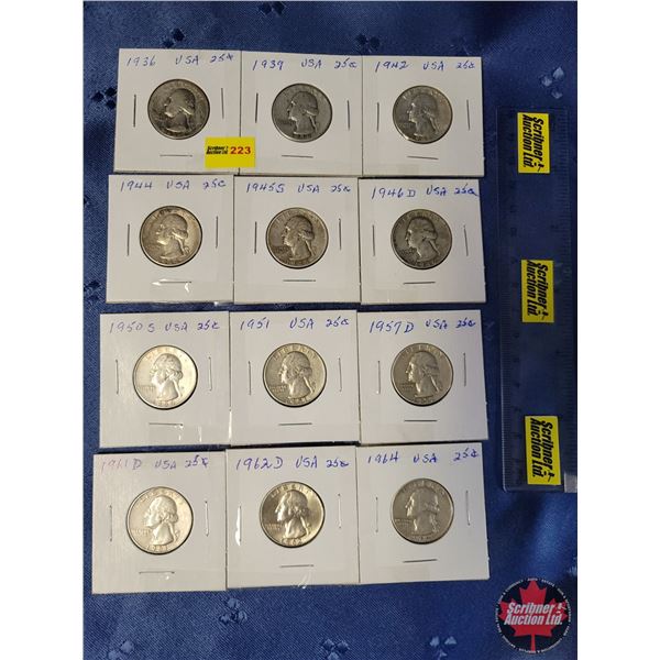 USA Quarters (12): 1936; 1939; 1942; 1944; 1945S; 1946D; 1950S; 1951; 1957D; 1961D; 1962D; 1964