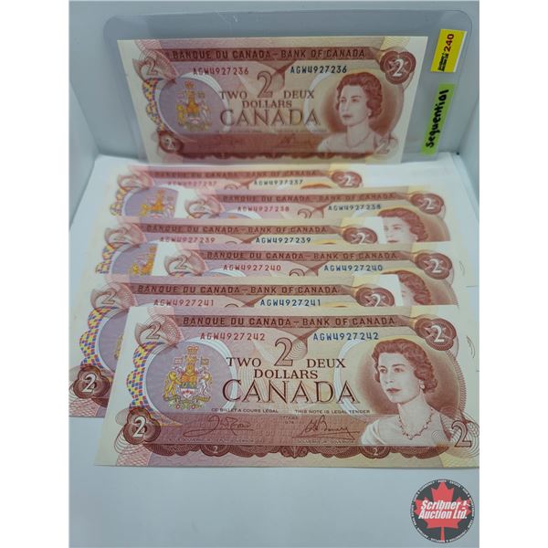 Canada $2 Bills 1974 (7 Sequential) : (AGW4927236-242) (See Pics for Serial Numbers & Signatures)