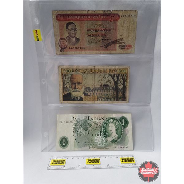 Foreign Bills (3): Bank Du Zaire; Banque de France; Bank of England (See Pics for Serial Numbers; De