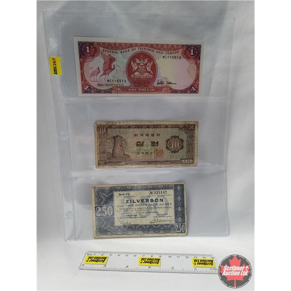 Foreign Bills (3) : Trinidad & Tobago ; Netherlands; Korea (See Pics for Serial Numbers & Signatures
