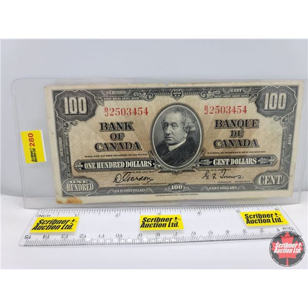 Canada $100 Bill 1937 (S/N#BJ2503454) Gordon/Towers (See Pics for Serial Numbers & Signatures)