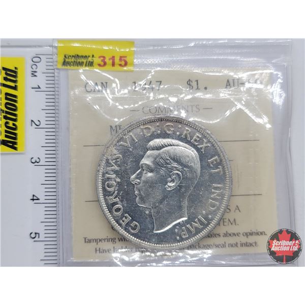 Canada Silver Dollar 1947ML (Maple Leaf; Rim Flaw) (ICCS Cert : AU-50)