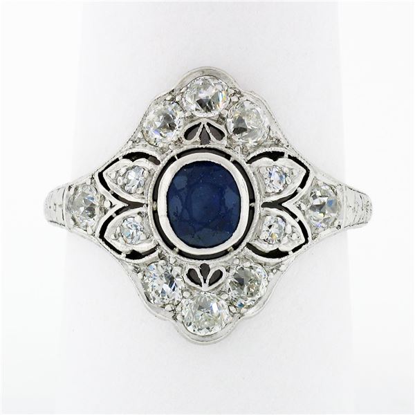 Antique Art Deco Platinum 1.80 ctw GIA Oval Sapphire Diamond Etched Filigree Rin