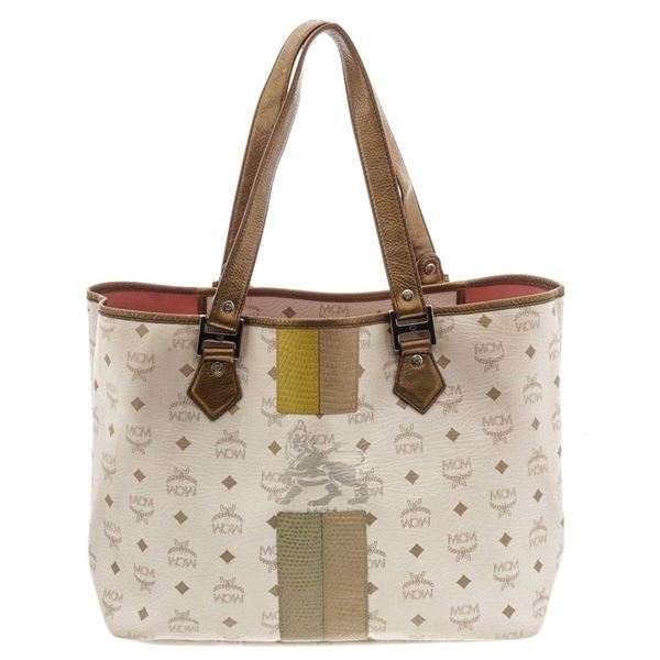MCM Brown White Large Lion Shopper Tote Bag