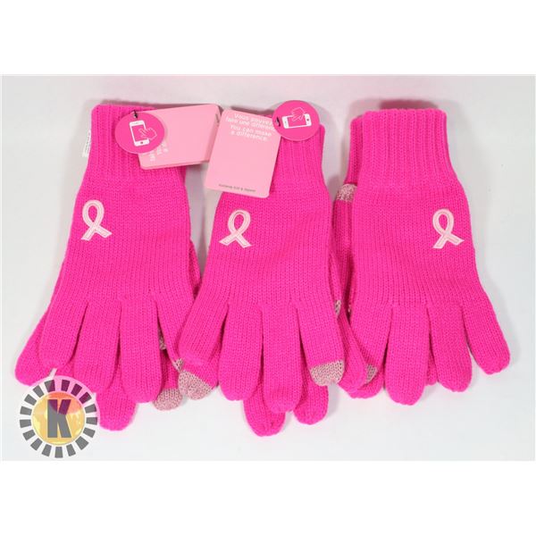 LOT OF 3 NEW BREAST CANCER AWARENESS TEXTING GLOVES