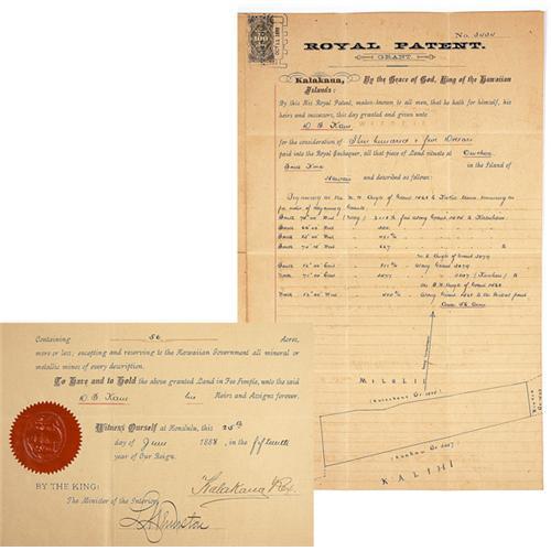 Kalakaua Rex Royal Hawaiian Patent Land Grant