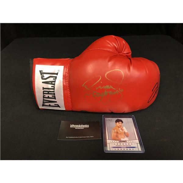 MANNY PACQUIAO AND MONEY MAYWEATHER JR. SIGNED BOXING GLOVE AND ROOKIE CARD (IN PERSON COA)