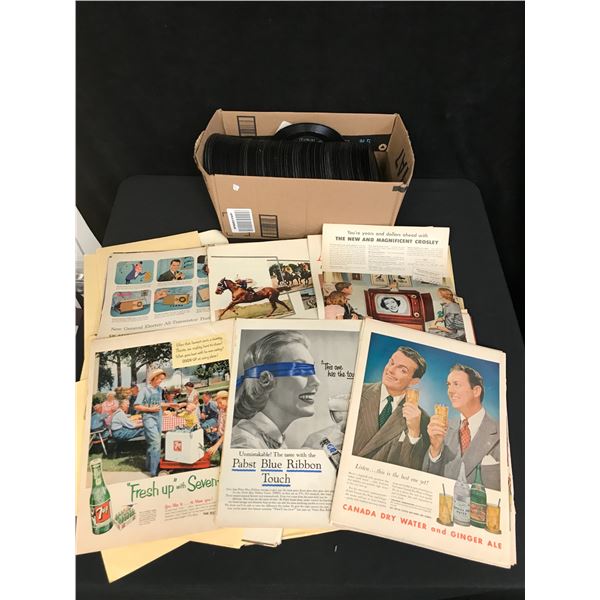 LARGE BOX OF 45S AND VINATGE ADVERTISING SIGNES