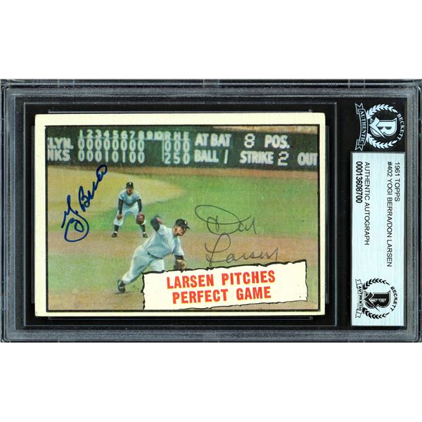 YOGI BERRA AND DON LARSEN SIGNED 1961 TOPPS TRADING CARD (BECKETT COA)