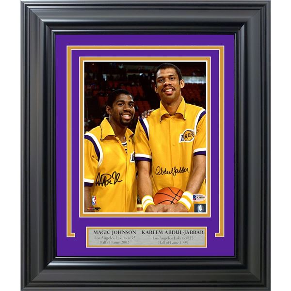 MAGIC JOHNSON AND KAREEM ABDUL JABBAR DUAL SIGNED CUSTOM FRAMED 8 X 10 (BECKETT COA)