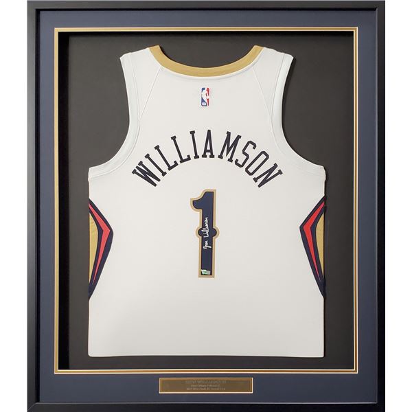 ZION WILLIAMSON SIGNED AND CUSTOM FRAMED NEW ORLEANS JERSEY (FANATICS COA)